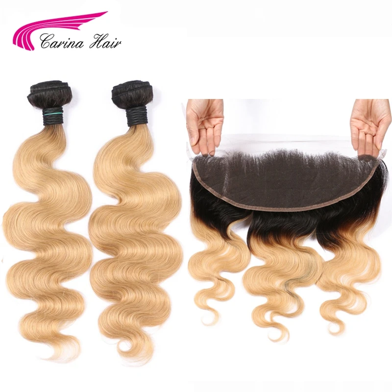 

Carina 1B 27 Color Dark Roots Brazilian Body Wave Bundle with Frontal Honey Blonde Remy Human Hair 2 Bundles with 13*4 Frontal