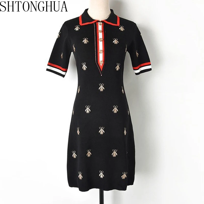 

SHTONGHUA Runway Women Embroidery Dress Summer 2019 New Vintage Black Knitting Sheath A Line Dress Fashion Bodycon OL Vestidos