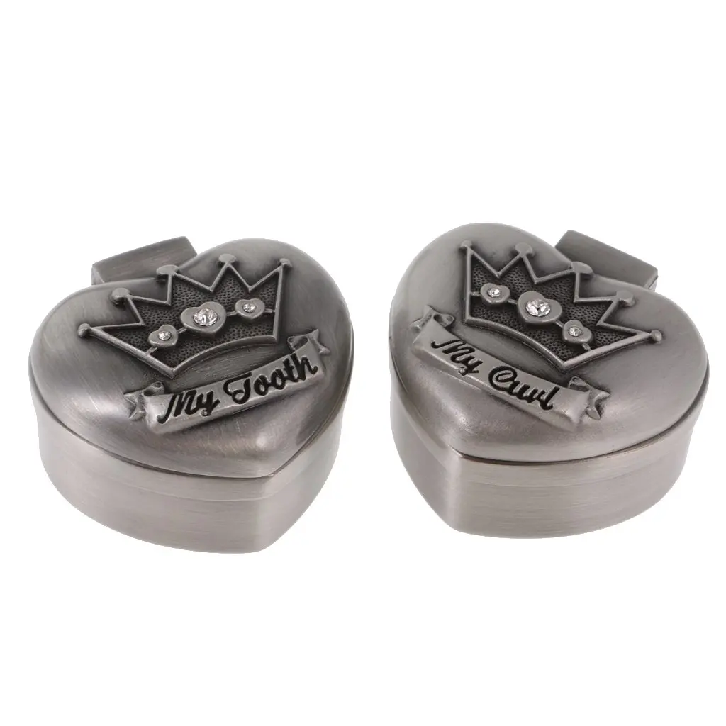 

2pcs Alloy Heart Shape Baby Souvenirs Milk Teeth Box First Tooth Curl Storage Box Case Gift for Baby Shower Kids Birthday Party