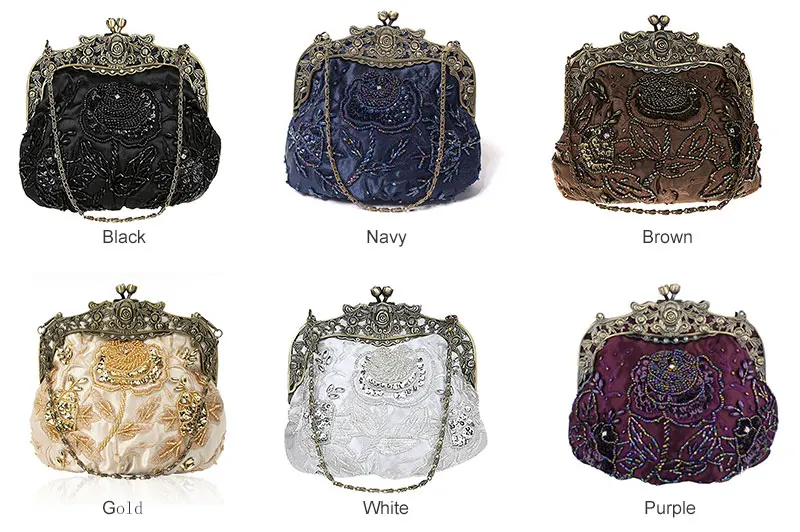 Women's Antique Beaded Party Clutch Vintage Rose Purse Evening Handbag (2)