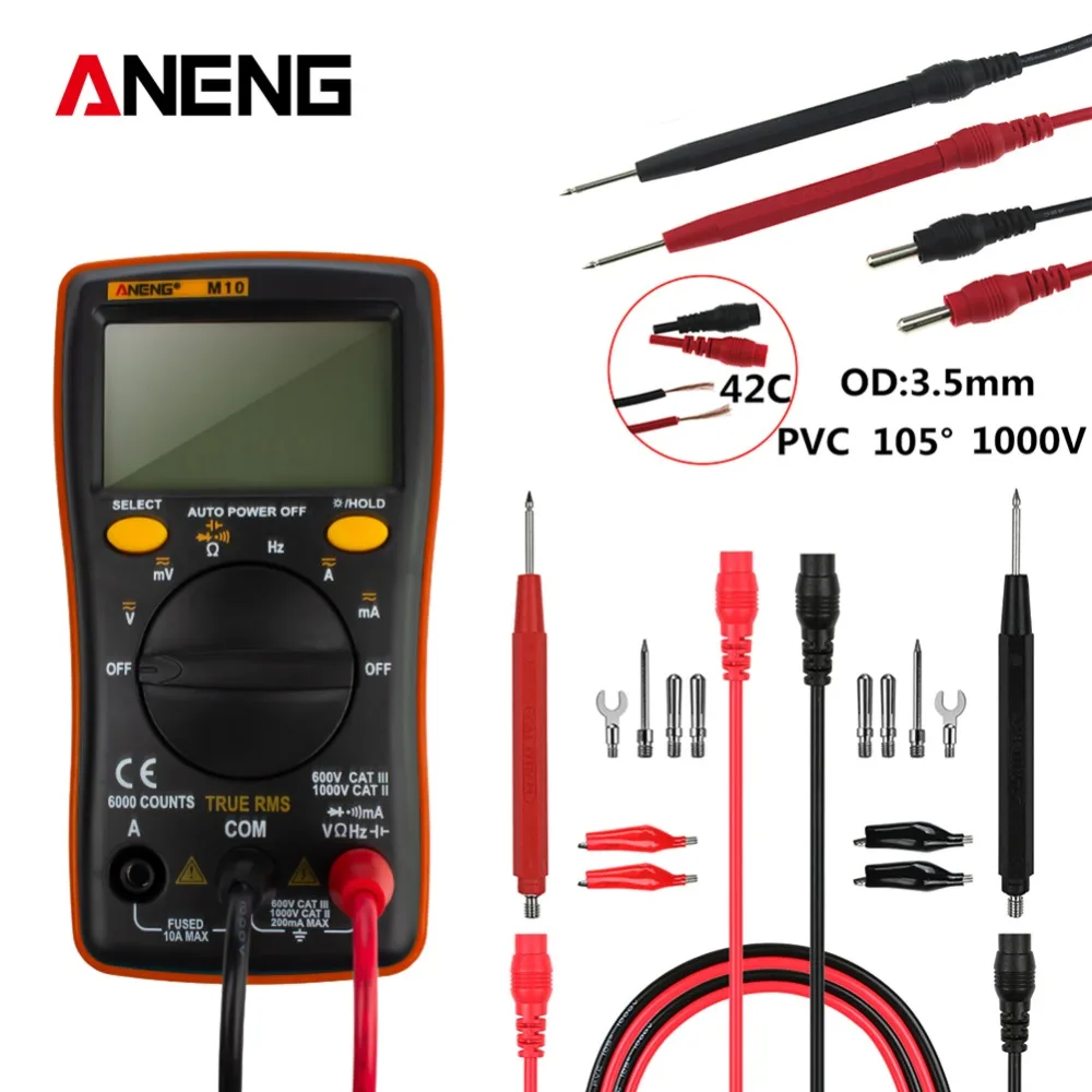 

ANENG Portable M10 LCD Digital Multimeter 6000 Counts Backlight AC/DC Ohm Meter Tester with 16 in 1 Multifunctional Test Line