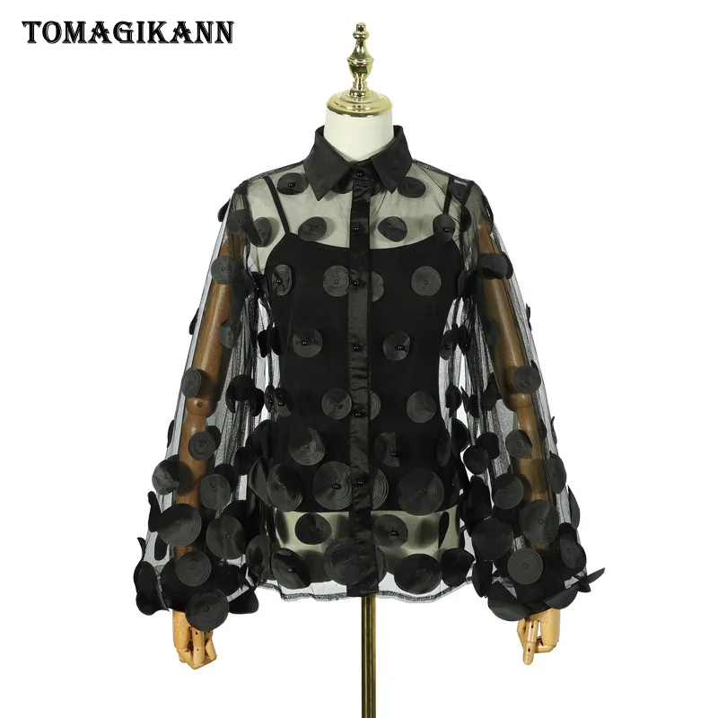 

Sexy 3D Flower Beading Mesh Women Sheer Blouse Shirt Ladies Transparent Lantern Sleeve Blusas Tops 2019 Femininas Chemisier