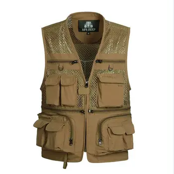 

spring Summer Vest Men Casual Mesh Waistcoat Loose Multi-pockets Collarless Men Photography Vest Plus Size S-4XL