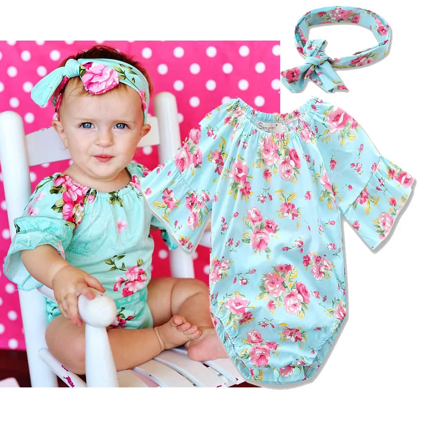 

Baby Rompers 2017 New Summer Style Baby Girls Clothes Cotton Flower Print Newbron Clothes 4-24months Kids Jumpsuit with headband