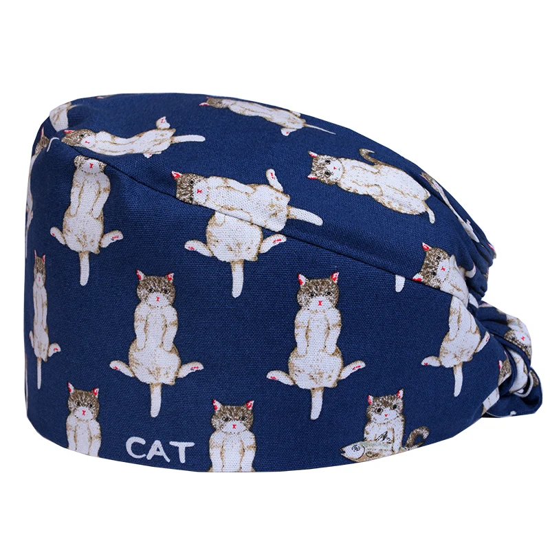 

Cute Cat Unisex Veterinarian Hat Pathology Surgical Scrub Hood Caps Pattern Free 100% Cotton with Forehead Sweatband Cap