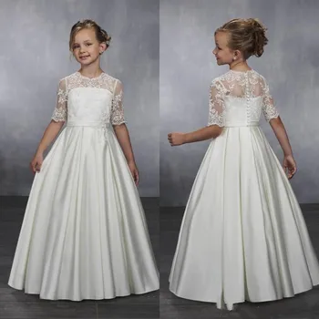 

Lace Top Satin Flower Girl Dress For Wedding with Button Half Sleeves Jewel Neck Floor Length Custom Made Girls Pageant Gown