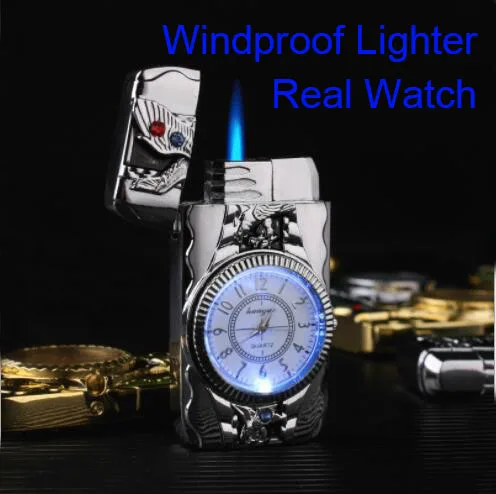

creative real watch lighter gas inflatable windproof jet flame Multicolored Flash Lamp