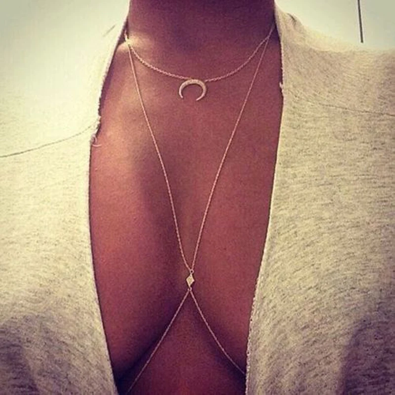 

LNRRABC Hot Sexy Women Charming Crossover Harness jewelry Crystal Moon Necklace Waist Belt Belly Body Chain Jewelry