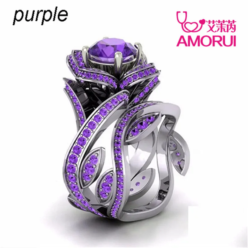 AMORUI New Fashion Silver Color Big Rose Flower Ring For Woman 12 Colors CZ Stone Wedding Rings Jewelry Gifts Dropshipping