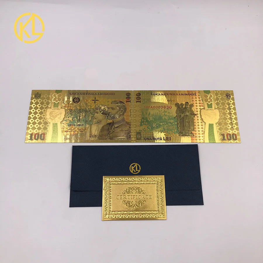 

Free shipping 10pcs Colored Romanian Gold Banknote 100 Lei souvenir Currency for 100th anniversary of the unification of Romania
