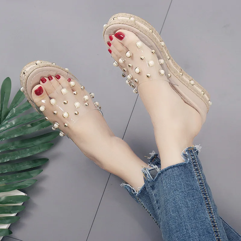 

2019 Summer Women Slippers Wedges Casual Shoes Slip on Slides Beach Flip Flops Fashion Pearls Platform Sandals 4748