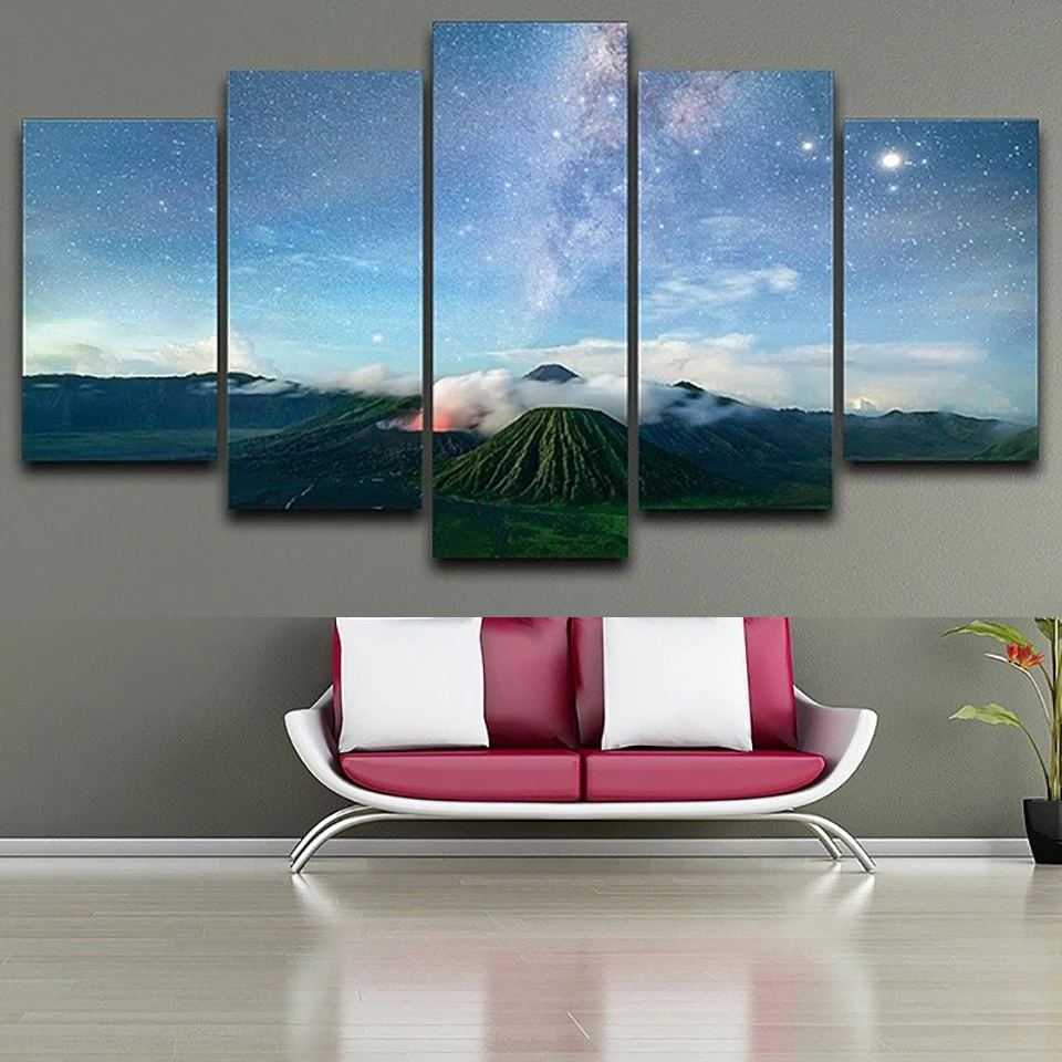 HD Frame Printed Pictures Home Decor Canvas 5 Panel Starry Sky Volcano Nature View Modern Painting Poster Wall Art Living Room