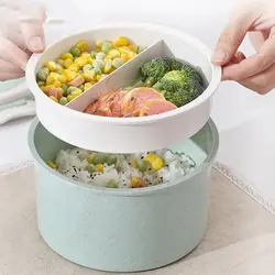 Два слоя круглый пшеничной соломы для бэнто, в упаковке, для разогревания в микроволновой печи столовая посуда Еда контейнер для хранения