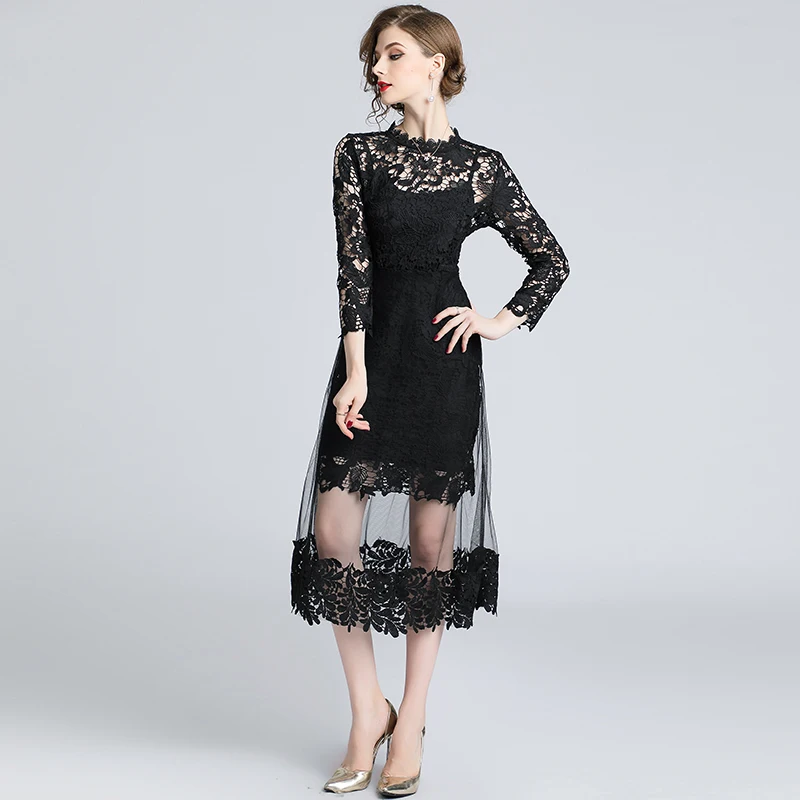 JSXDHK Осенняя черная сетка пэчворк кружевные вечерние платья Vestido Женские с