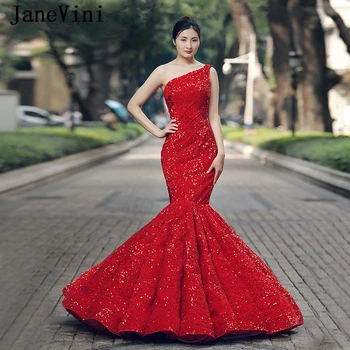 

JaneVini Sexy Dubai Design Red One Shoulder Long Evening Dresses 2019 Shiny Sequined Mermaid Luxury Formal Party Gowns Jurk Lang