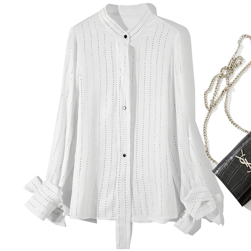 Black Stand Printemps D'été À Femmes white Haut Z159 Diamant Chic Bureau Blouse Conception Casual Couleur Arc 2019 Manches Mode Solide Cou Longues PZukiOX