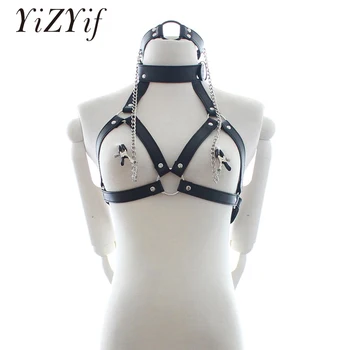 

YiZYiF Sexy Lingerie Garter Belt Harness Bra Fetish Faux Leather Collar Bra and Ring Open Mouth Nipple Clamps Wear Sets