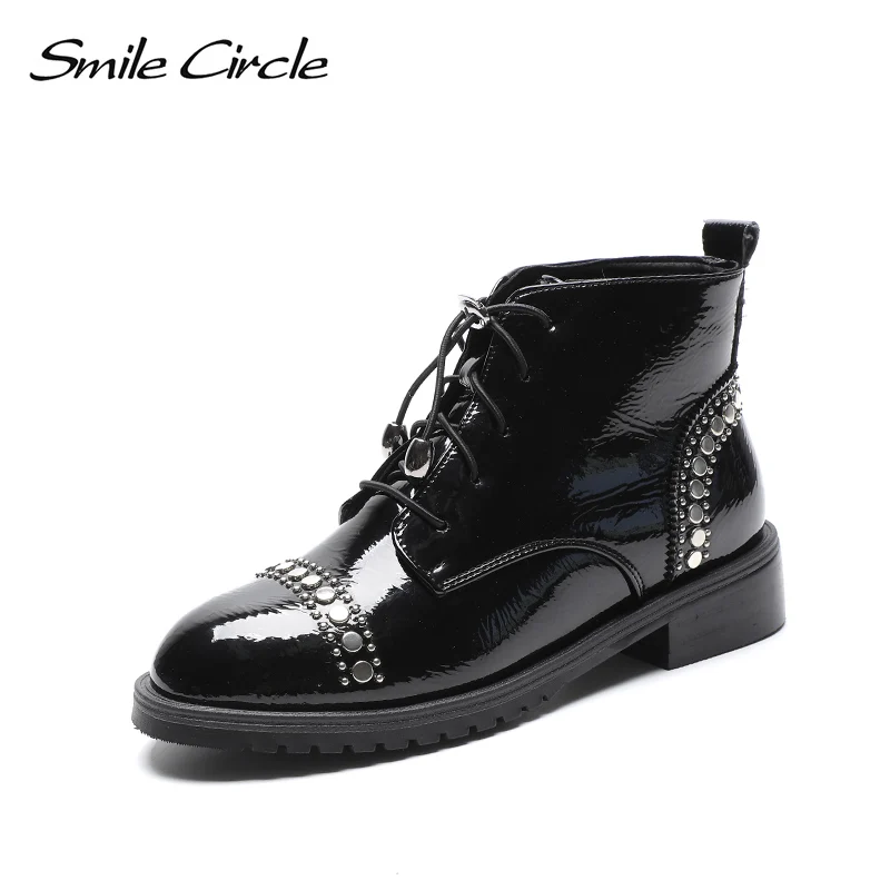 

Smile Circle spring 2019 Boots Women patent leather Boots Metal rivet Round toe short Boots High-quality Autumn Ladies shoes