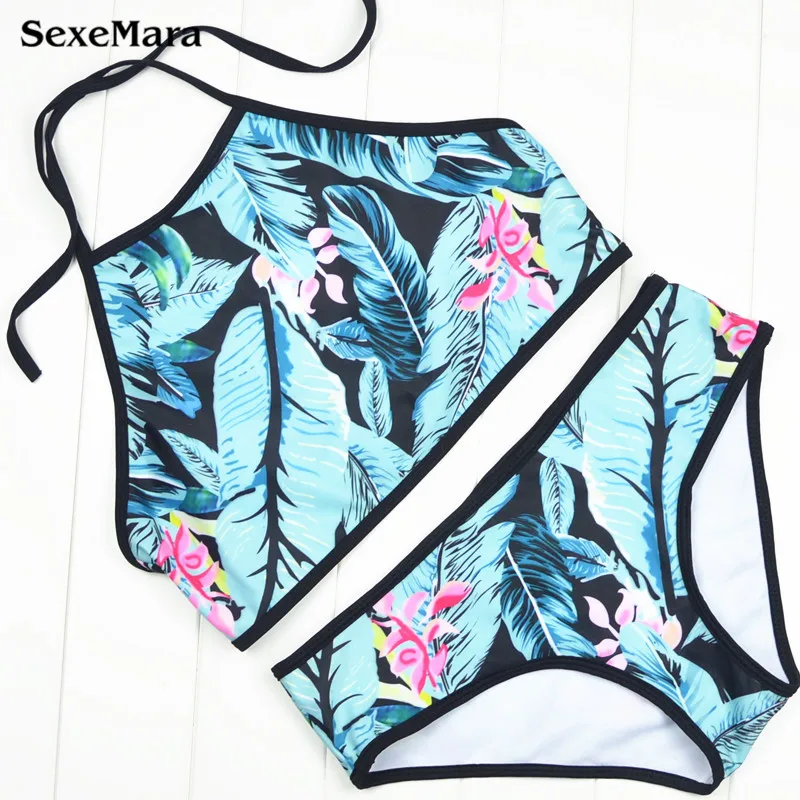 

2017 Sexy Women Floral High Neck Swimsuit Swimwear Female Push up Vintage Halter Bikinis Set Biquini Beachwear Bathing Suits