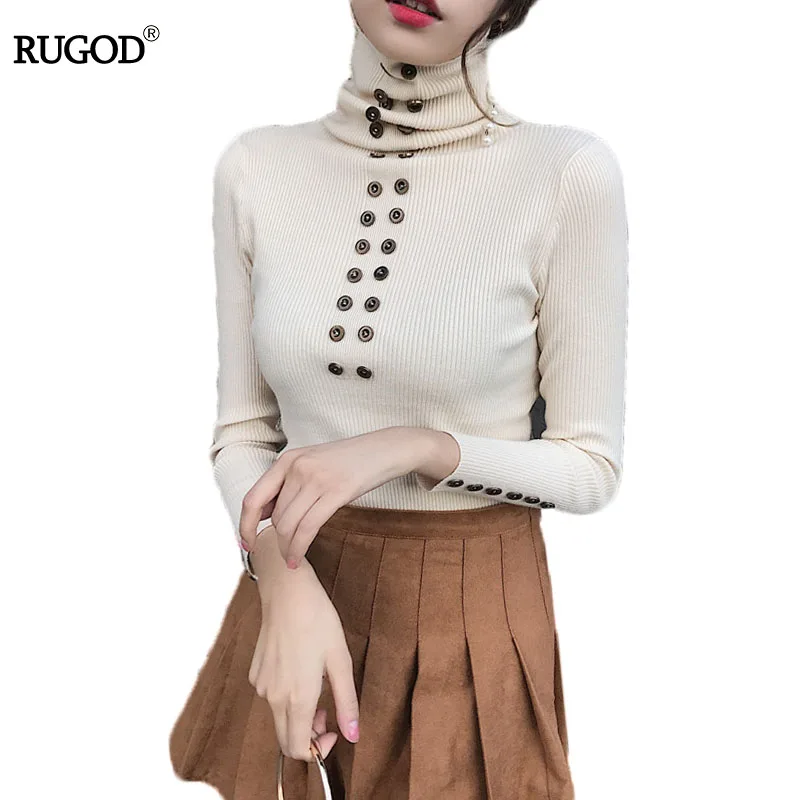 

Rugod 2019 New Winter Sweater Women Warm Elastic Pullovers Knitted Jumper Turtleneck Cashmere With Button On Sleeve And Chest