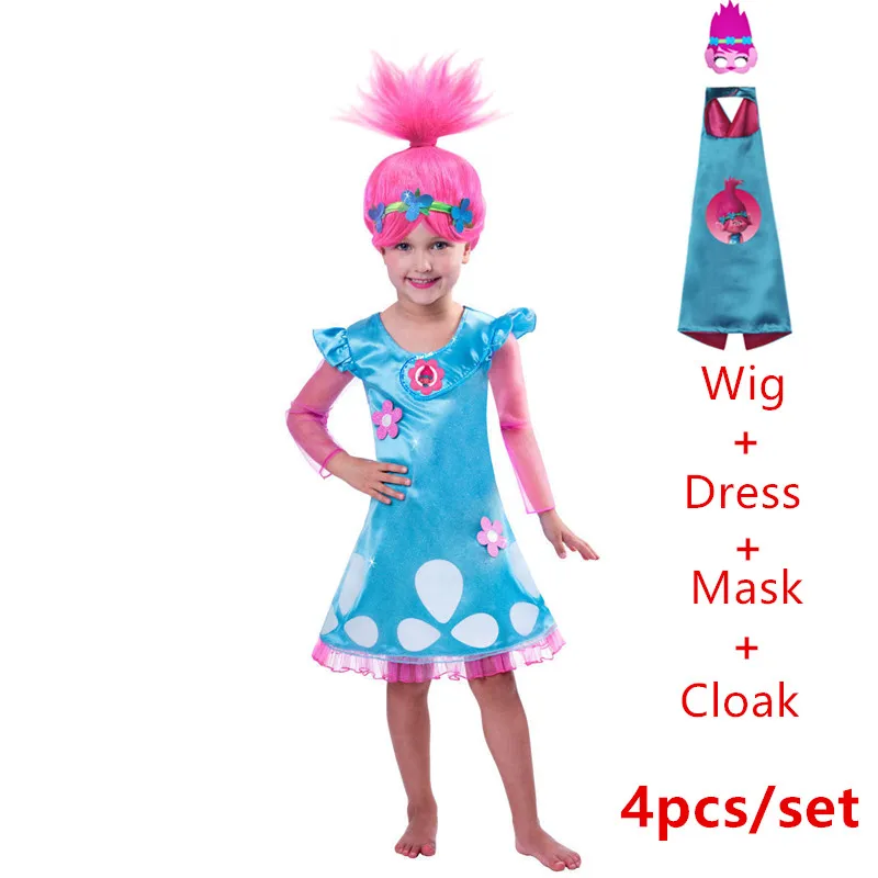 

Girls Dresses Trolls Poppy Cosplay Costumes Dress For Girls Bobo Streetwear Halloween Clothes Kids cloak+Wig Fancy girl dress