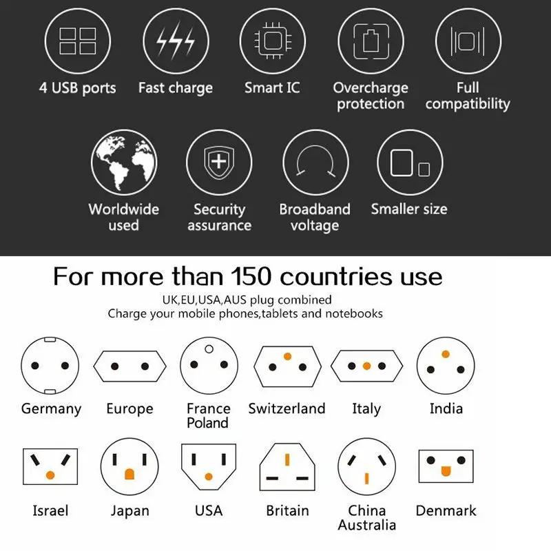 Универсальный адаптер для путешествий, электрические вилки, розетки, конвертер US/AU/UK/EU с 4 usb зарядкой 2.4A светодиодный индикатор питания