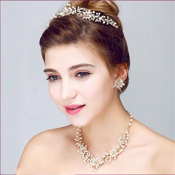 

SLBRIDAL Handmade Gold Rhinestones Crystal Pearls Flower Leaf Wedding Jewelry set Bridal Necklace Earring Tiara Set Bridesmaids