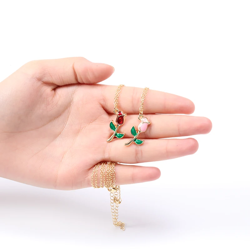 

Valentine's Day gift Cartoon Colorful Crimson or Pink Colors Rose Flower Branch with Green Leaf Chain pendant Necklaces jewelry