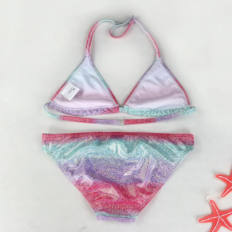 New Girl Silver Pressed Bikini Children Swimsuit Teenage Girl Two Pieces Swimwear Bling Bling Patchwork Bathing Suit Kids Bikini