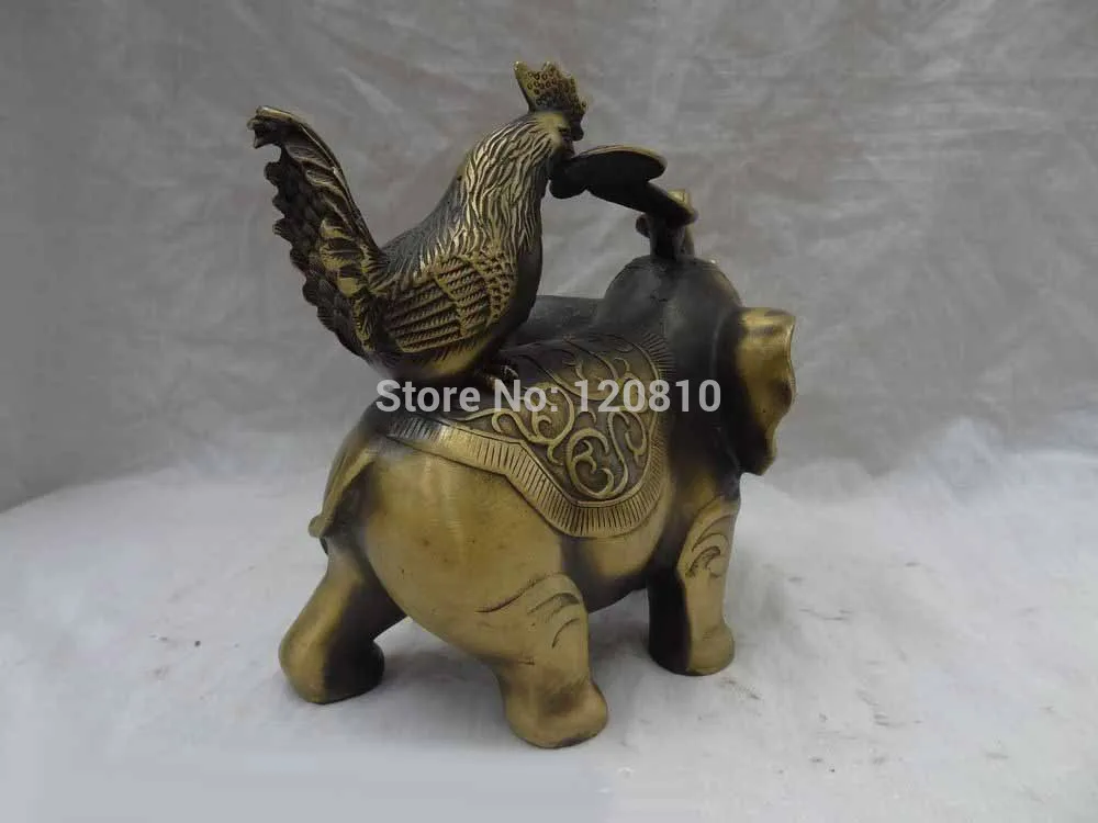 

8" Chinese Bronze Zodiac Figurine Wealth RuYi Cock Ride JiXiang Elephant Statue z