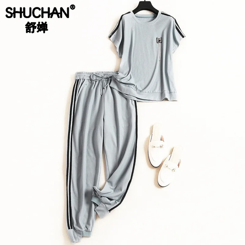 

Shuchan Women's Sports Suit Two Piece Set Appliques Tops with Short Sleeve+trousers with Stripes on The Sides Tracksuit 11608