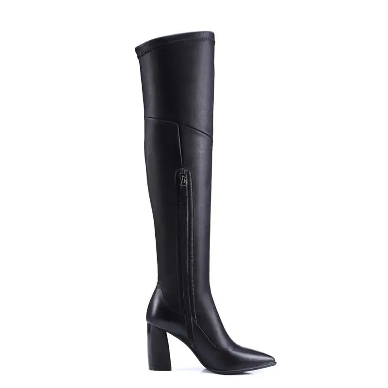 Sur Élégant Noir En Bottes Véritable Solide Sexy Glissière D'hiver Femmes Pointu Genou Memunia Latérale Le Cuir Simple Chaussures Bout Chaud zZwH1nqxtY