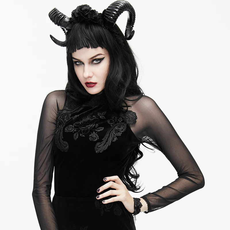 

EVA LADY Gothic Style Ladies Elegant Embroidery T-Shirt Steampunk Black Long Sleeve Embossing Tee Shirt Tops