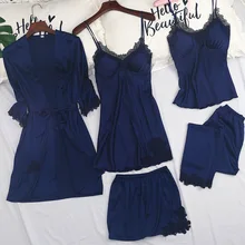 Новые женские 5 шт. ремень Топ Брюки Костюм Пижама комплекты одежды для сна весна осень домашняя Ночная рубашка кимоно халат m-xl