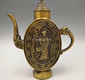 

8'' copper brass carved flower belle women dragon teapot pot statue