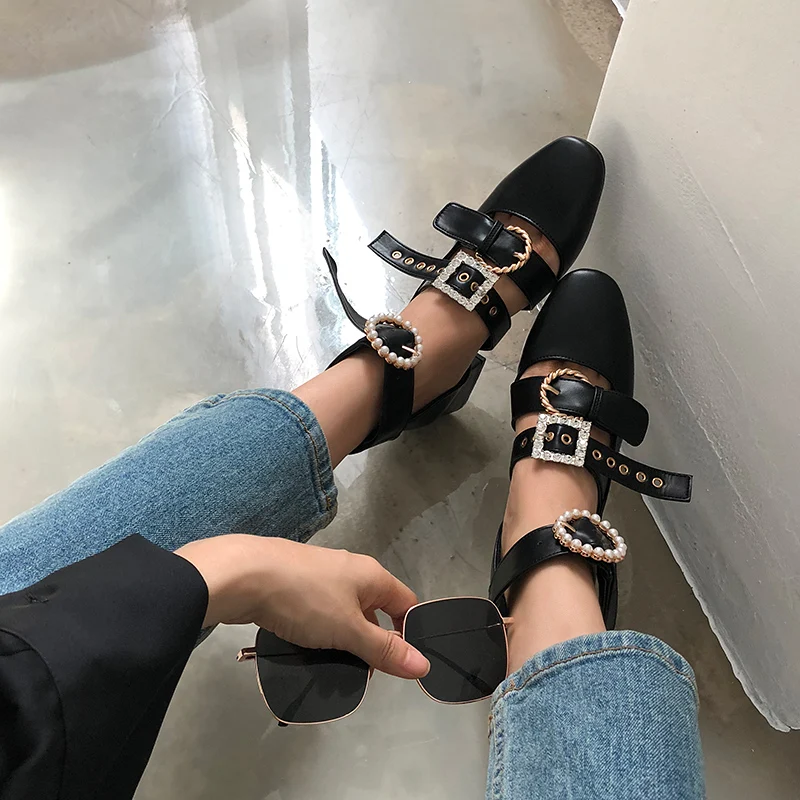 

Moraima Snc 2019 New Design Sandals High Heel Super Sexy Pearl Water Diamond Rough Heel Black Women's Single Shoes Summer Shoes
