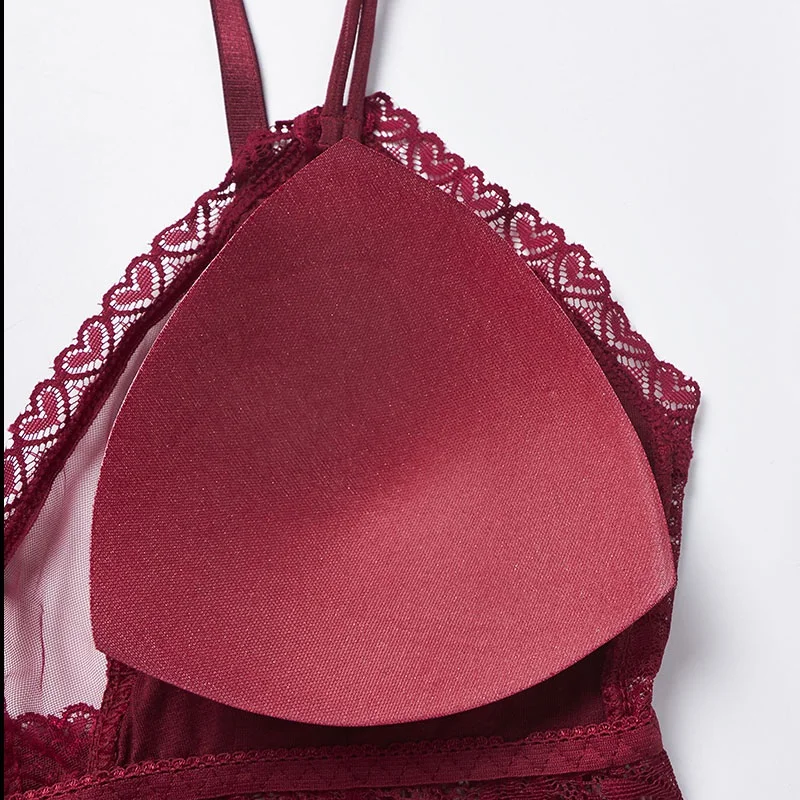 Sexy Padded Tank Crop Top Heart-shaped Lace Bra Underwear Women's Mesh Tube Tops