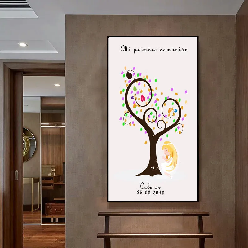 

HAOCHU Free Customized Fingerprint Canvas Painting Guestbook DIY My First Communion Souvenir Signature Kids Girls Baptism Gift