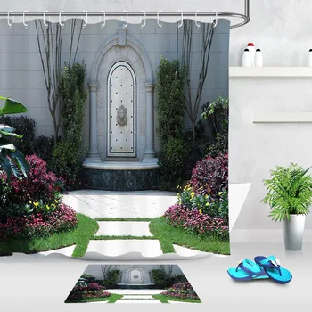 

Funny European architecture printing Green Leaf Shower Curtain 12 Hooks Sets Kids Bathroom mat Waterproof Polyester Cloth Fabric