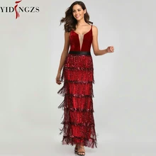 YIDINGZS Новое сексуальное длинное вечернее платье с блестками и кисточками элегантное вечернее платье с v-образным вырезом YD198