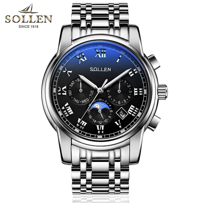 

Sports Multifunctional Automatic Mechanical Watch Waterproof Steel Strip Moon Phase Luminous Men's Watch