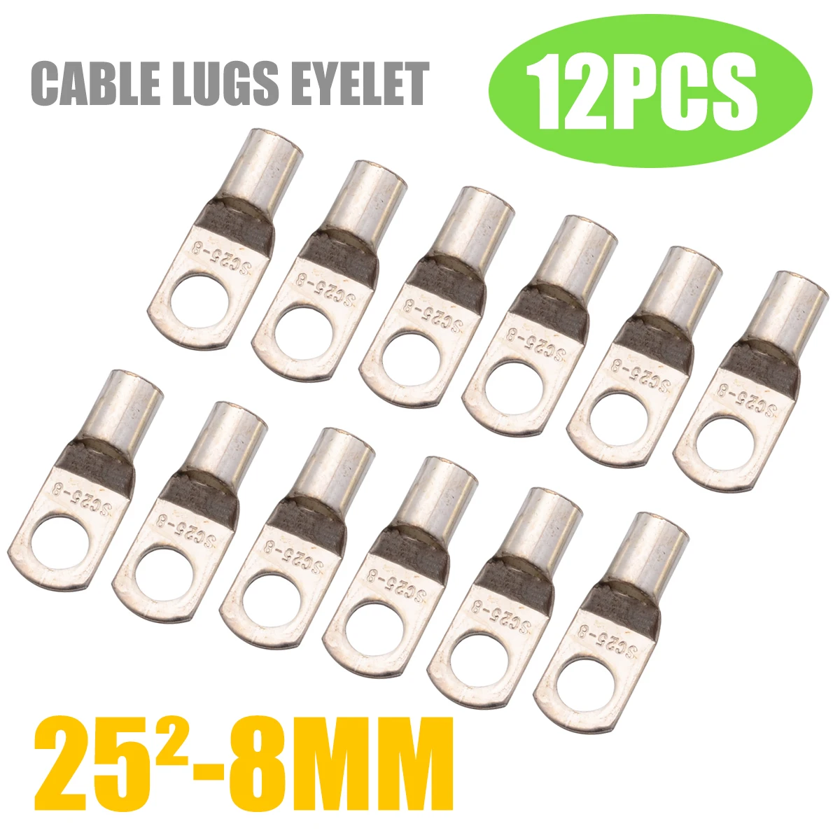 

12pcs 3AWG 5/16" Copper Ring Battery Terminals Connector Cable Lugs Eyelet 25mm-8mm Electrical Supplies Bolt Hole