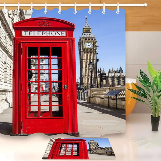 Lb Red Telephone Box And Big Ben In London Shower Curtain With Mat