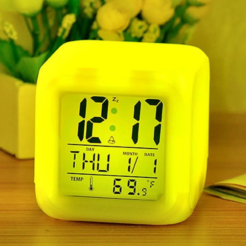 Portable Lovely Fashion 7 Colors Change Square Digital Alarm Clock with LCD Screen Display Luminous Mode Home Office Use