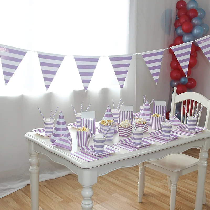 Вечерние фиолетовые одноразовые столовые приборы в полоску, набор, стакан, салфетка, вилка, солома, вечерние день рождения, детский душ, товары для свадебного декора