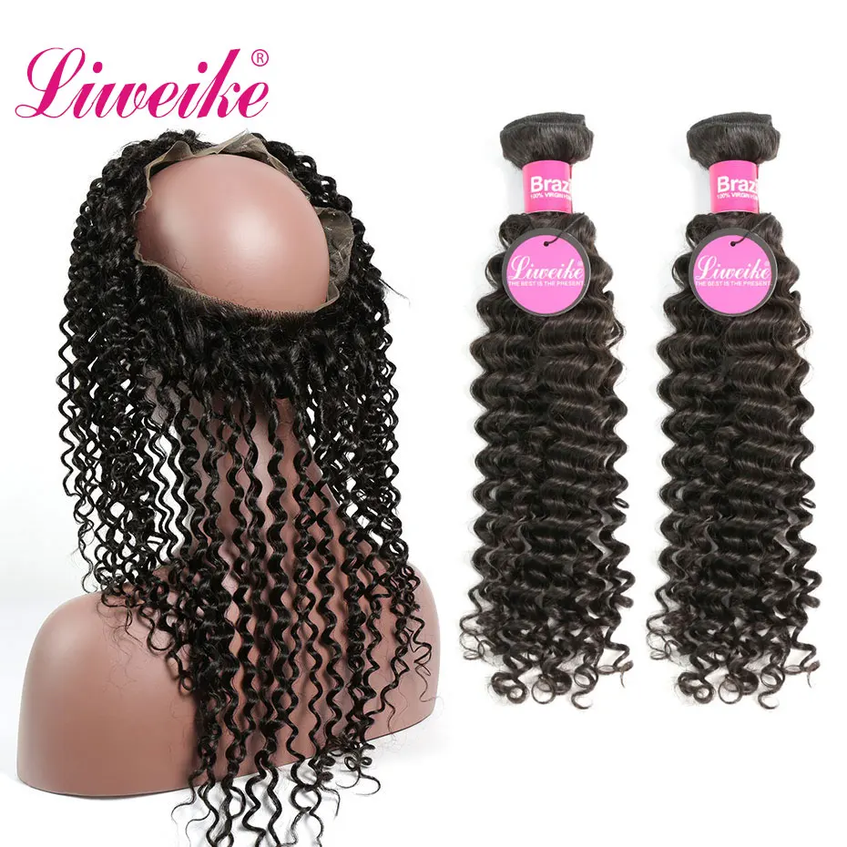 

Liweike Deep Curly Bundles With 360 Lace Frontal Closure Brazilian 100% Human Remy Hair 2 3 Bundle With Closures Natural 1B