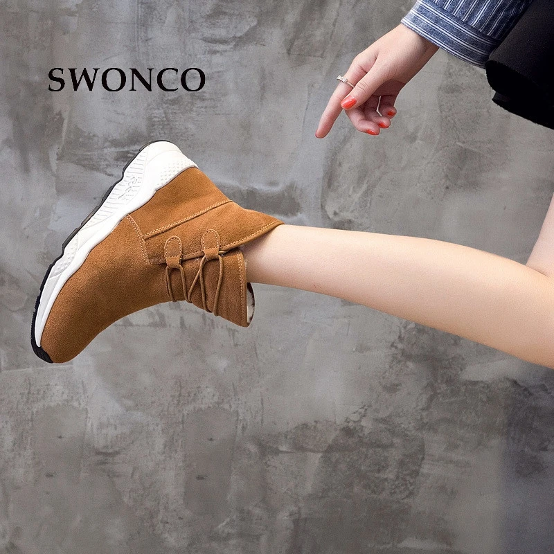 SWONCO/женские ботинки теплые зимние ботинки из натуральной кожи и шерсти Женская обувь кожаные зимние ботинки женская обувь на высоком каблуке 5 см
