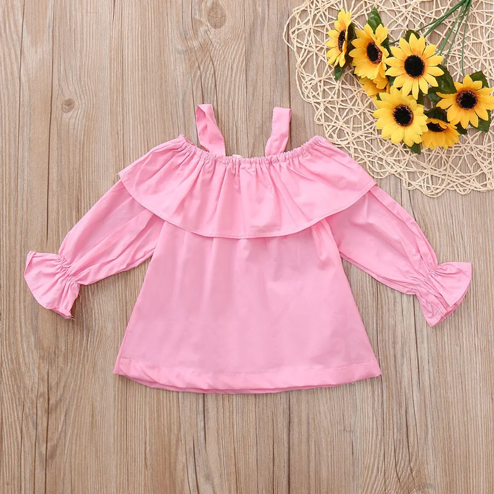 Toddler Infant Newborn Kids Baby Girls Tops Princess Clothes Solid Ruffles Ruched Long Sleeve T shirt Blouse Casual Clothes