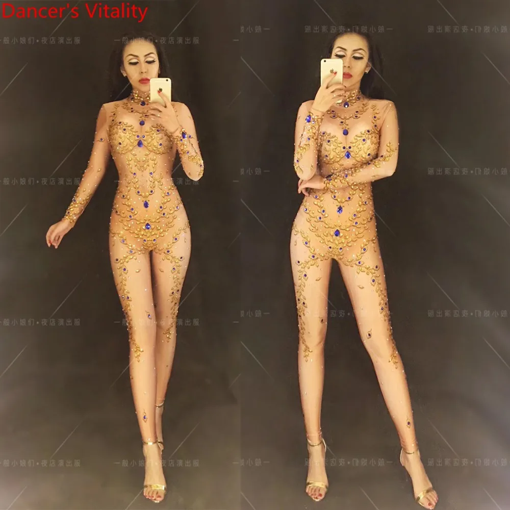 

Women Singer Model Show DJ DS Clients Stage Wear Sexy False Perspective Rhinestone Gold Pole Dance Body Suit Performance Costume
