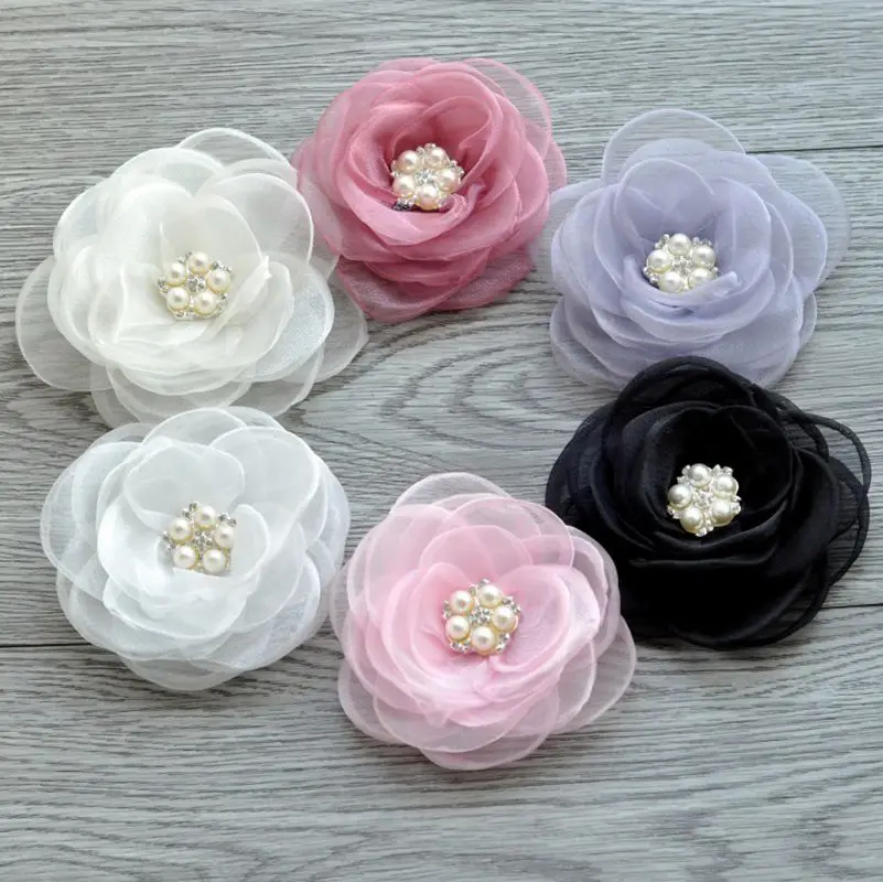 

120pcs/lot 4.3" 6color Hair Clips Gauze Layered Flower+Rhinestone For Girl Hair Accessories Rose Fabric Flowers For Headband DIY